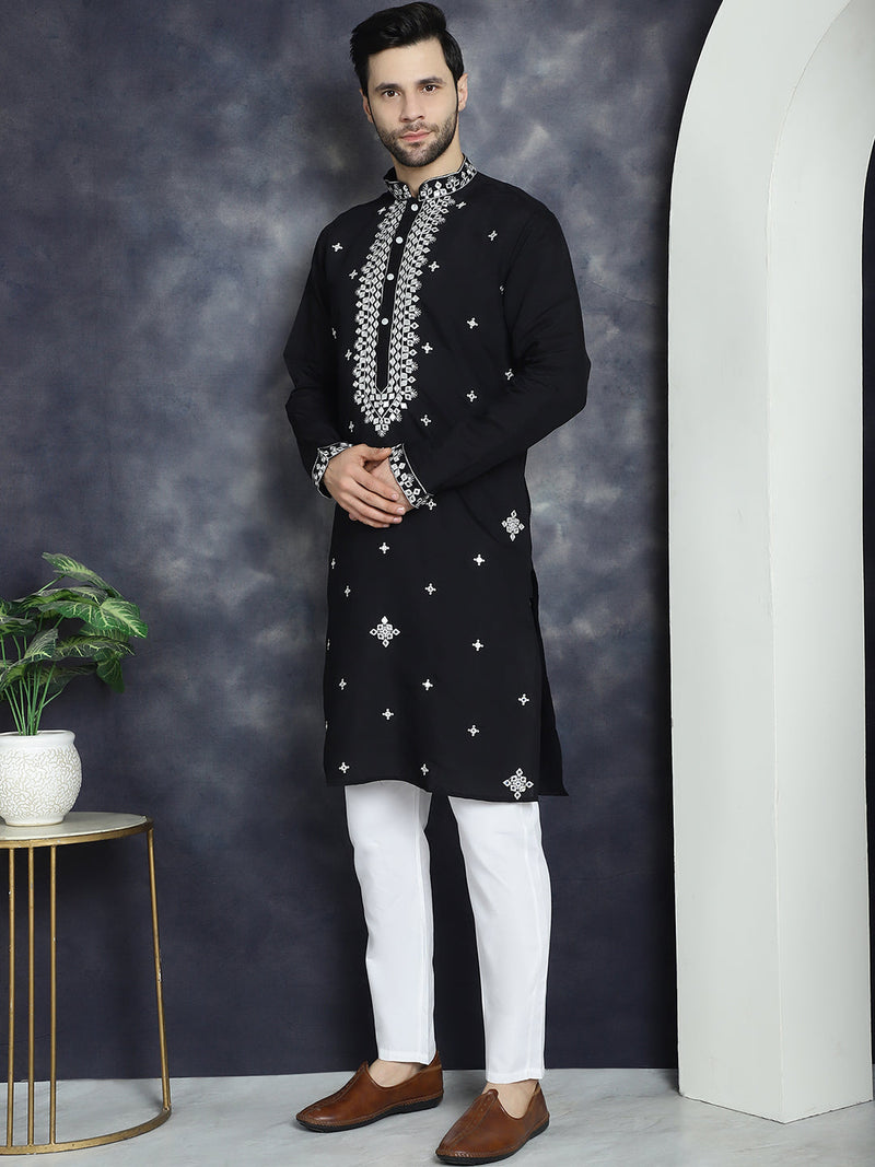 Men's Embroidered Kurta With Pyjama ( JOKP P 5045Black )