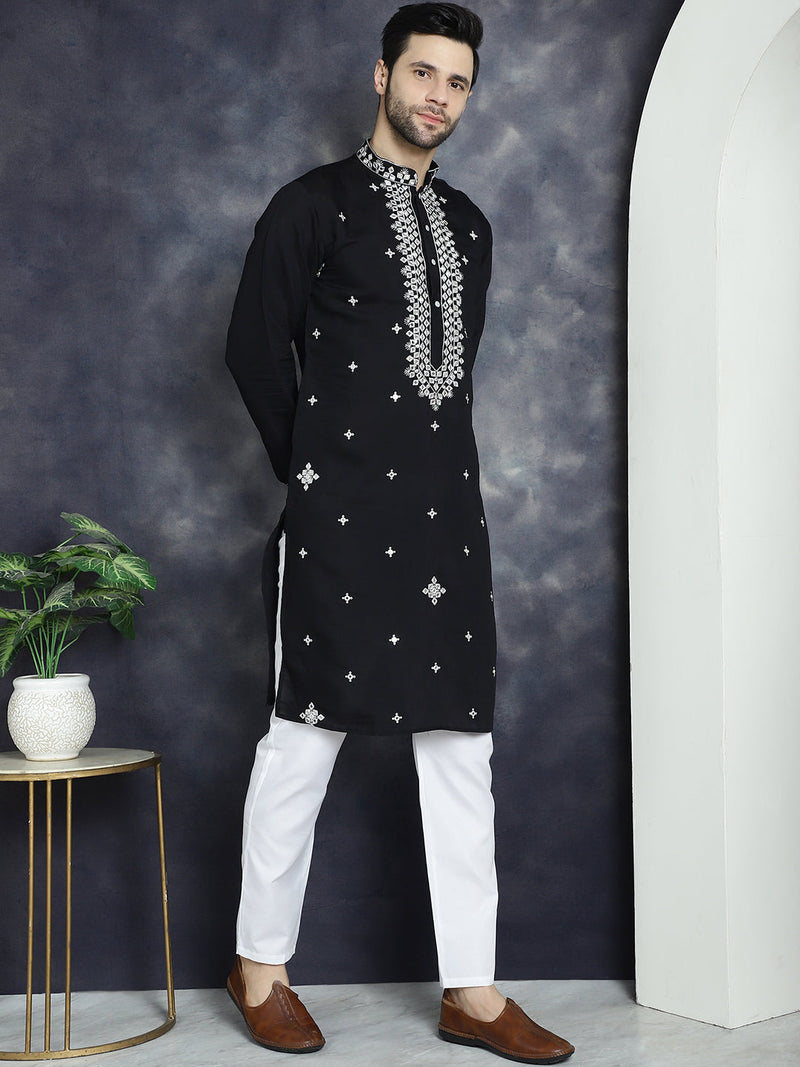 Men's Embroidered Kurta With Pyjama ( JOKP P 5045Black )