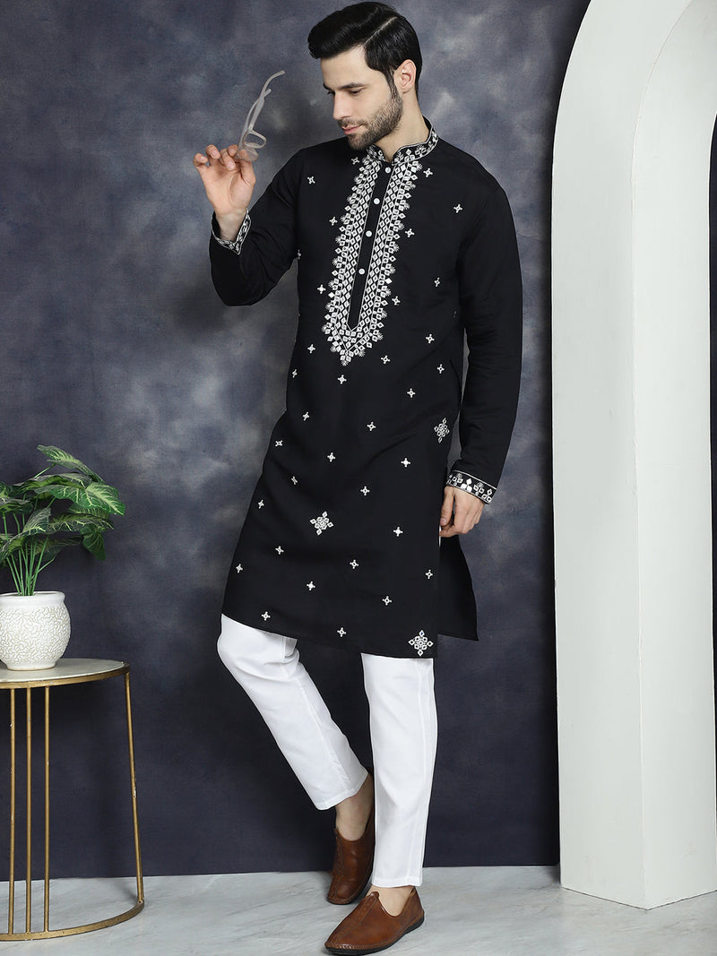 Men's Embroidered Kurta With Pyjama ( JOKP P 5045Black )