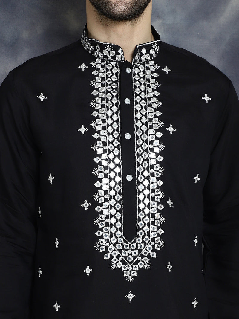 Men's Embroidered Kurta With Pyjama ( JOKP P 5045Black )