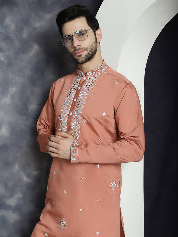 Men's Embroidered Kurta With Pyjama ( JOKP P 5045Peach )