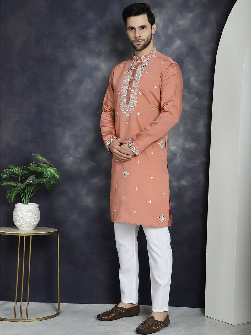 Men's Embroidered Kurta With Pyjama ( JOKP P 5045Peach )