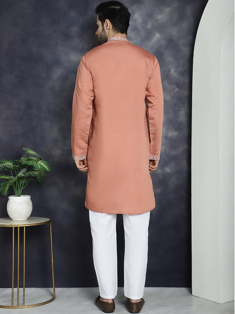 Men's Embroidered Kurta With Pyjama ( JOKP P 5045Peach )