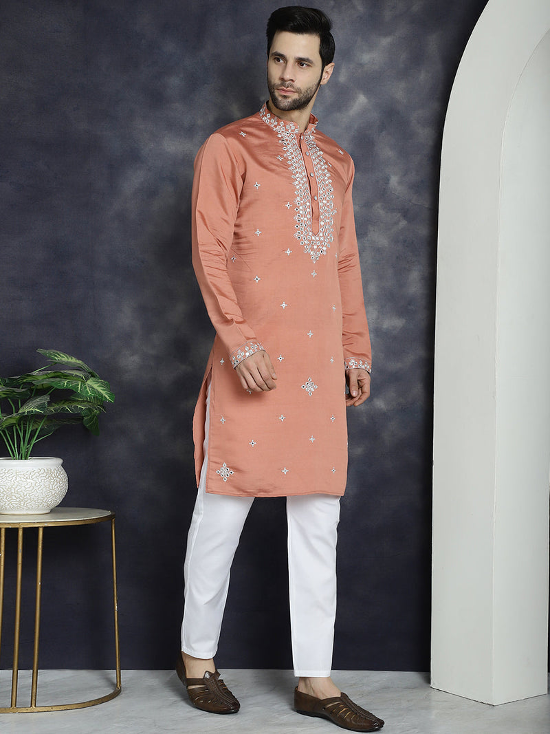 Men's Embroidered Kurta With Pyjama ( JOKP P 5045Peach )