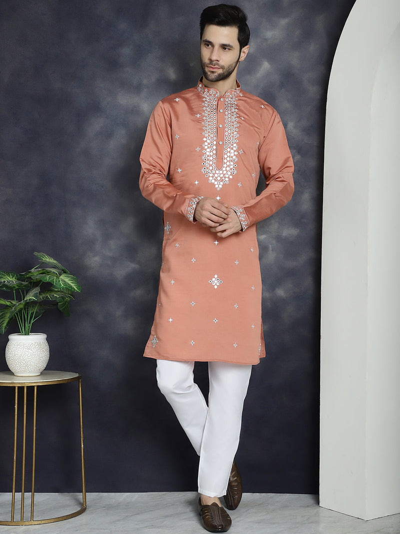 Men's Embroidered Kurta With Pyjama ( JOKP P 5045Peach )