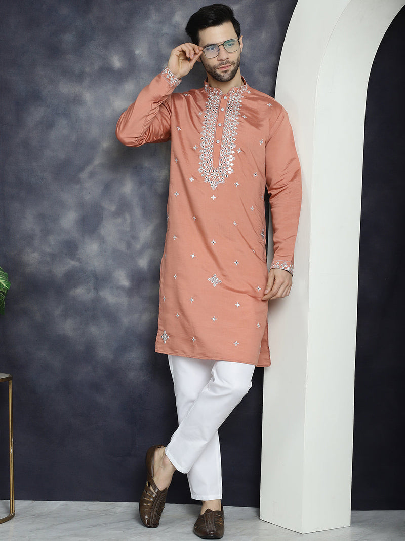 Men's Embroidered Kurta With Pyjama ( JOKP P 5045Peach )