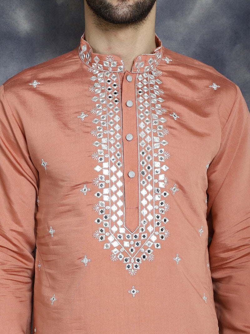 Men's Embroidered Kurta With Pyjama ( JOKP P 5045Peach )