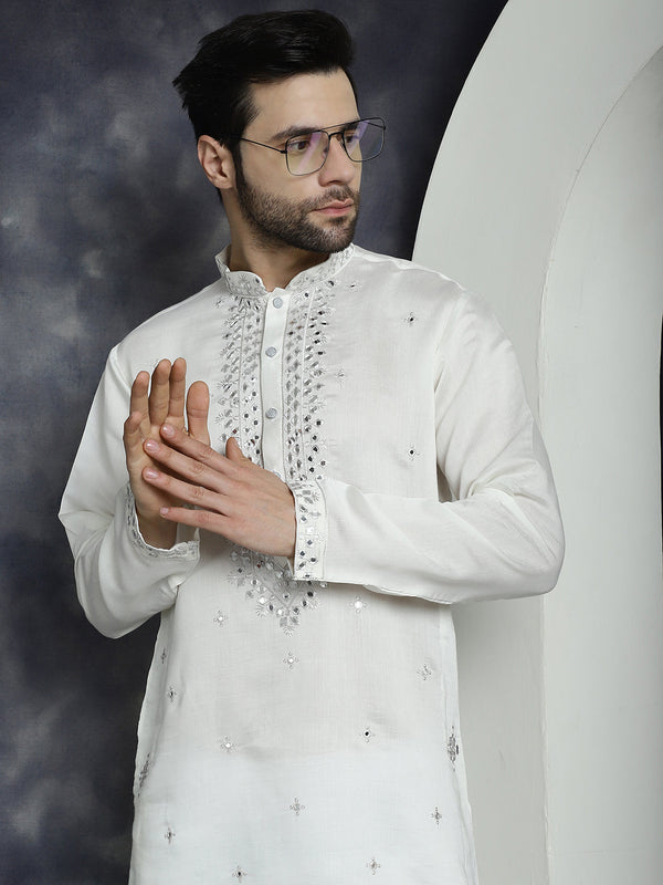 Men's Embroidered Kurta With Pyjama ( JOKP P 5045White )