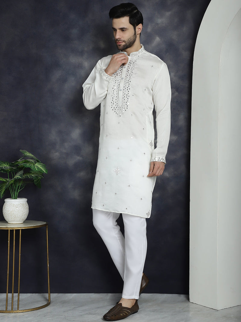 Men's Embroidered Kurta With Pyjama ( JOKP P 5045White )