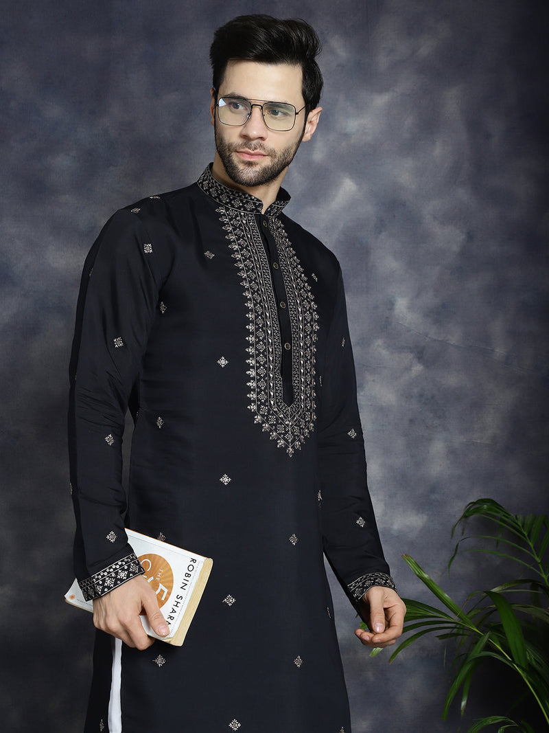 Men's Sequins Embroidered Kurta With Pyjama ( JOKP P 5046Black )