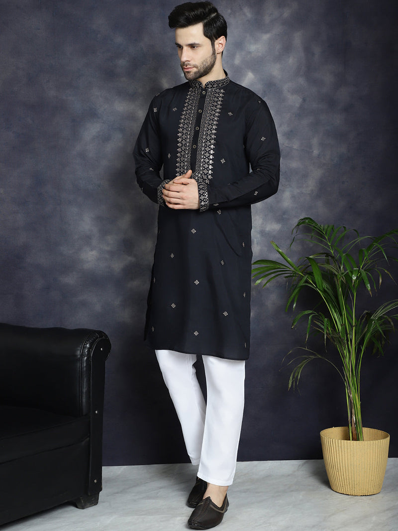 Men's Sequins Embroidered Kurta With Pyjama ( JOKP P 5046Black )