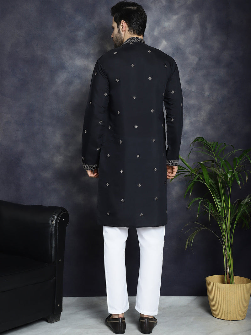 Men's Sequins Embroidered Kurta With Pyjama ( JOKP P 5046Black )