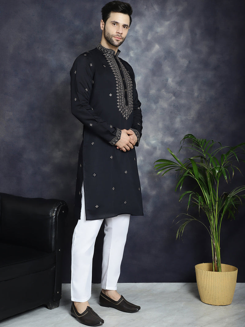 Men's Sequins Embroidered Kurta With Pyjama ( JOKP P 5046Black )