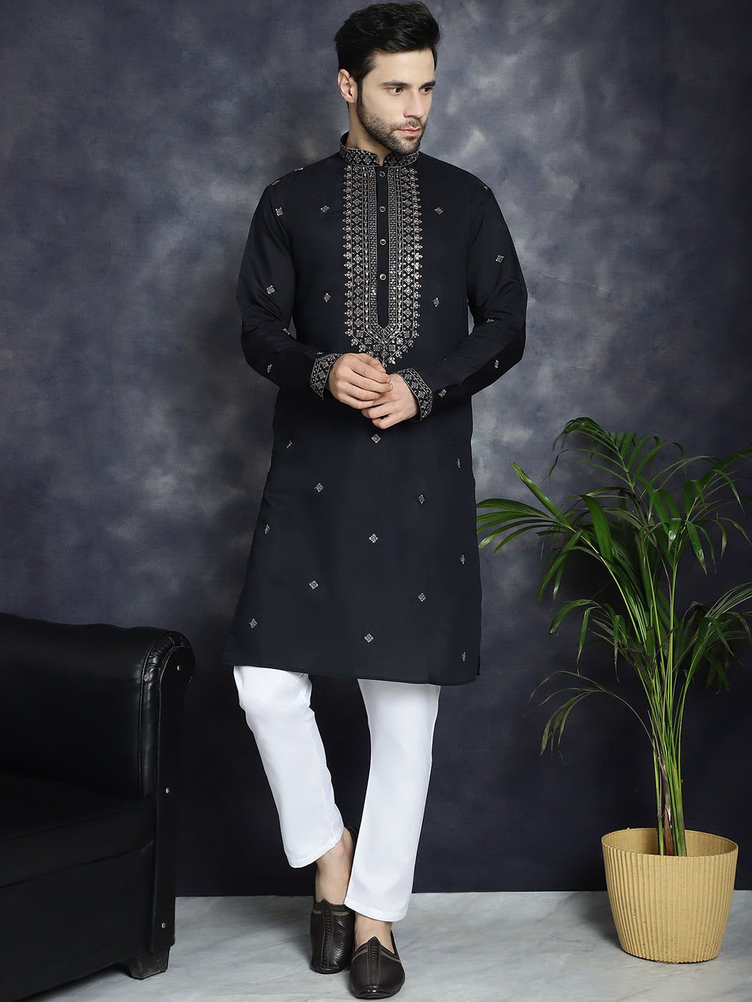 Men's Sequins Embroidered Kurta With Pyjama ( JOKP P 5046Black )