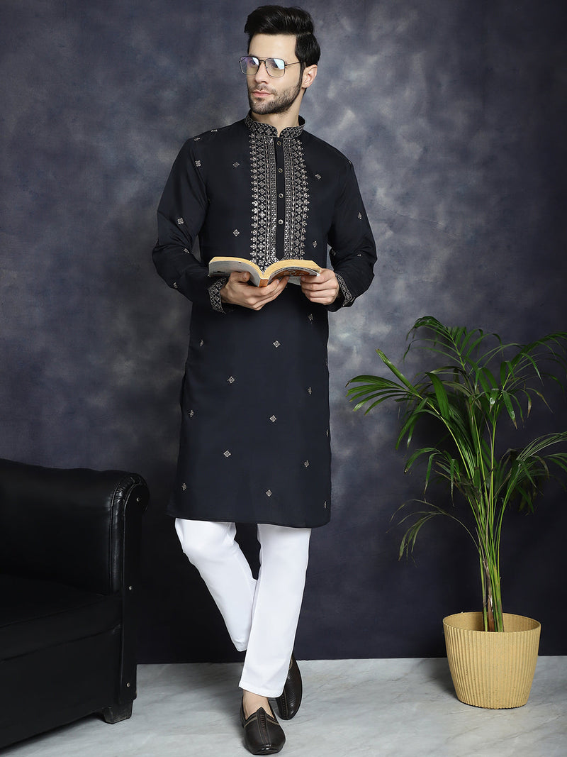 Men's Sequins Embroidered Kurta With Pyjama ( JOKP P 5046Black )