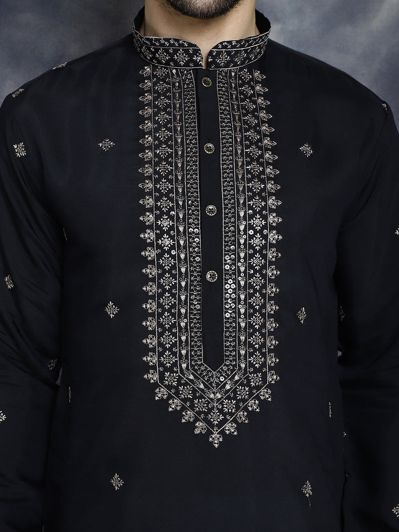 Men's Sequins Embroidered Kurta With Pyjama ( JOKP P 5046Black )