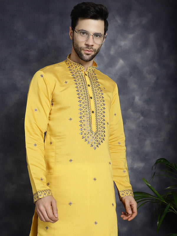 Men's Sequins Embroidered Kurta With Pyjama ( JOKP P 5046Yellow )