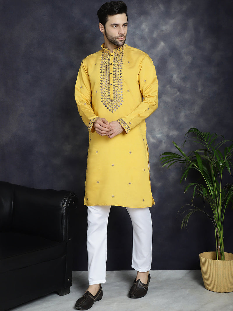 Men's Sequins Embroidered Kurta With Pyjama ( JOKP P 5046Yellow )