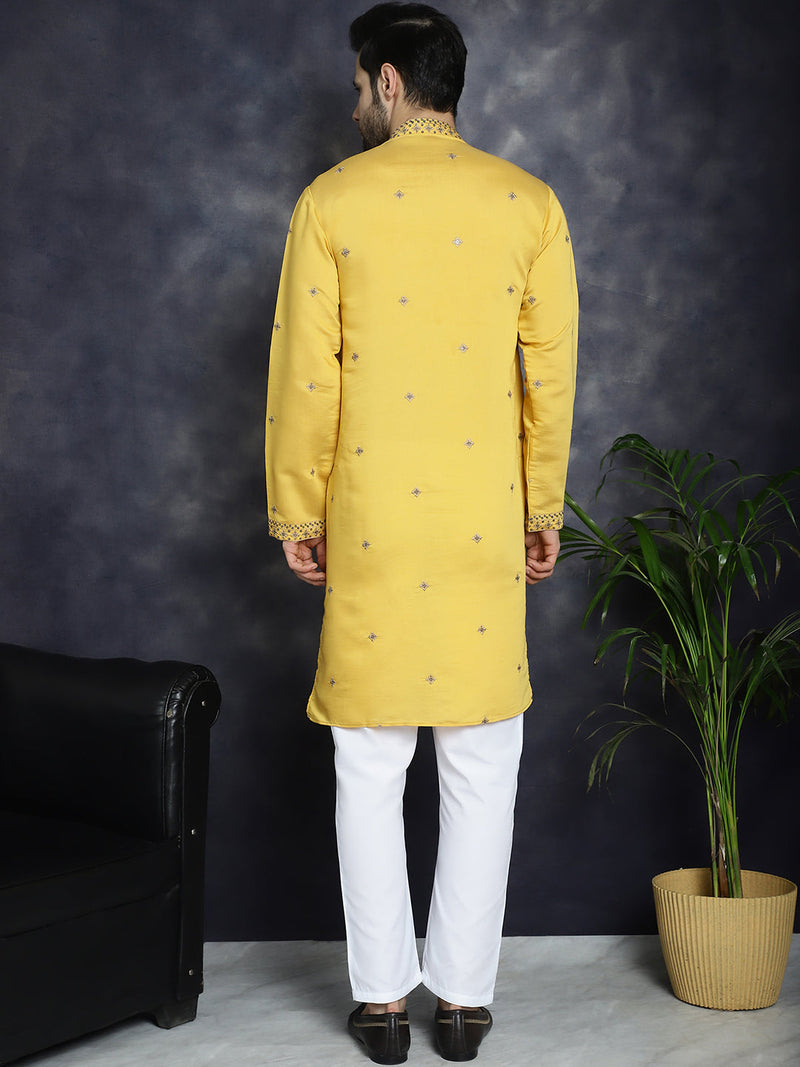 Men's Sequins Embroidered Kurta With Pyjama ( JOKP P 5046Yellow )