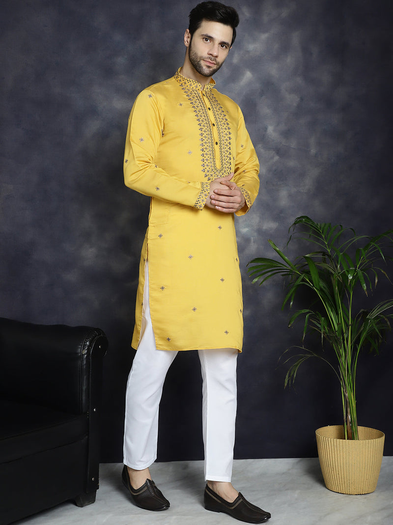 Men's Sequins Embroidered Kurta With Pyjama ( JOKP P 5046Yellow )