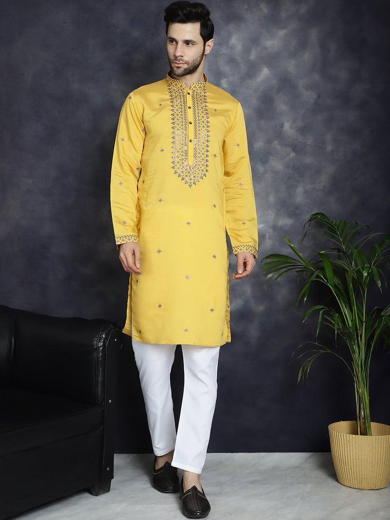 Men's Sequins Embroidered Kurta With Pyjama ( JOKP P 5046Yellow )