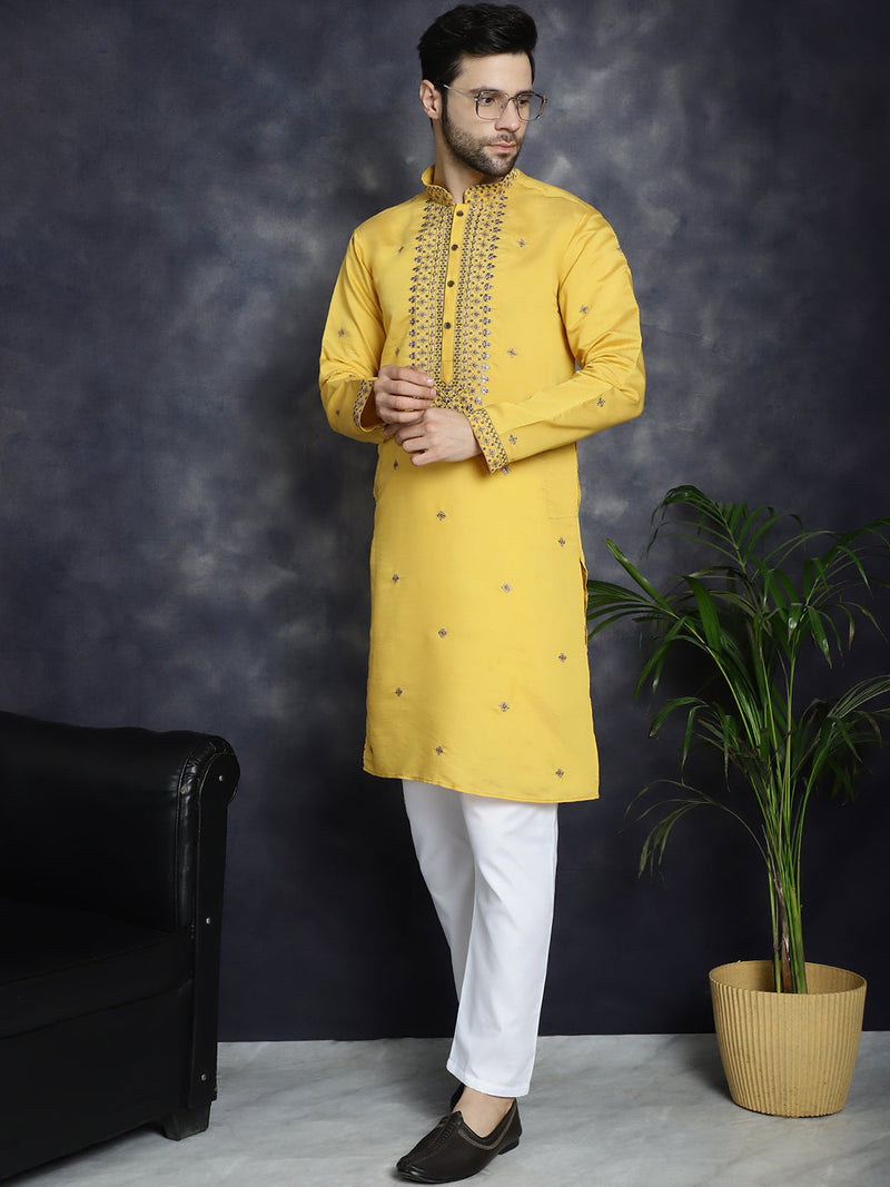 Men's Sequins Embroidered Kurta With Pyjama ( JOKP P 5046Yellow )