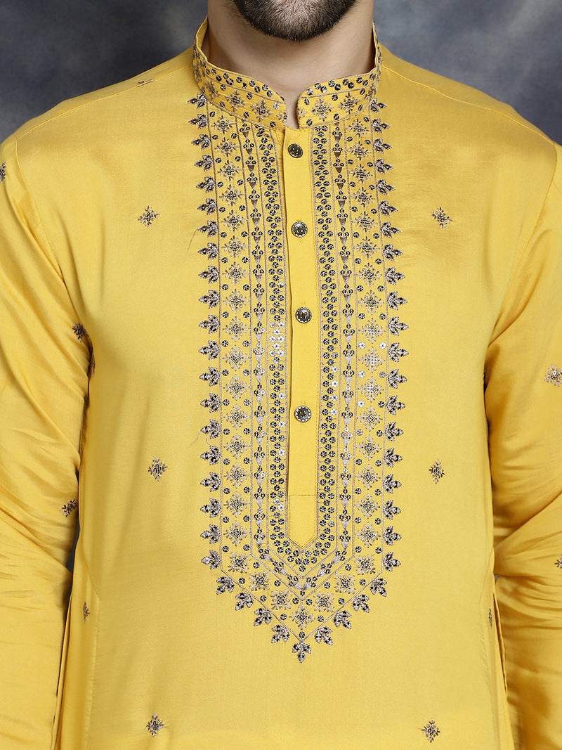 Men's Sequins Embroidered Kurta With Pyjama ( JOKP P 5046Yellow )