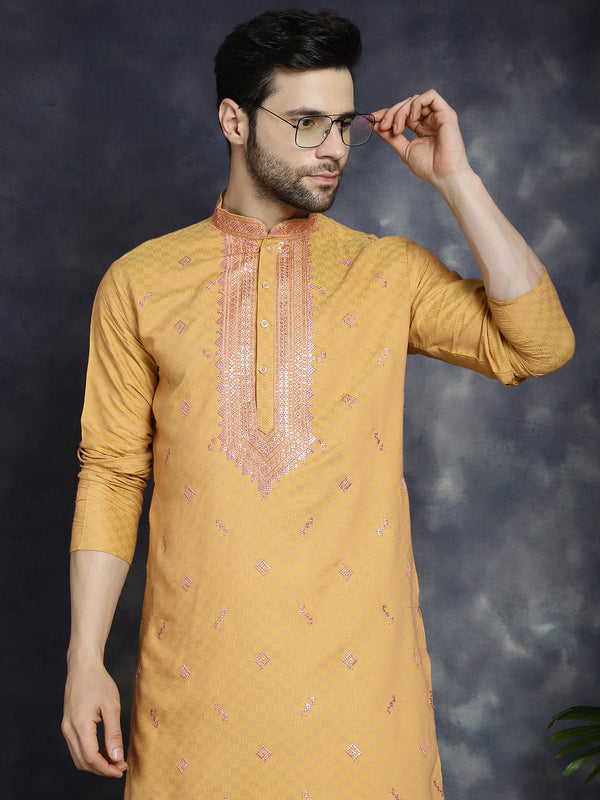 Men's Sequins Embroidered Kurta With Pyjama ( JOKP P 5047Orange )