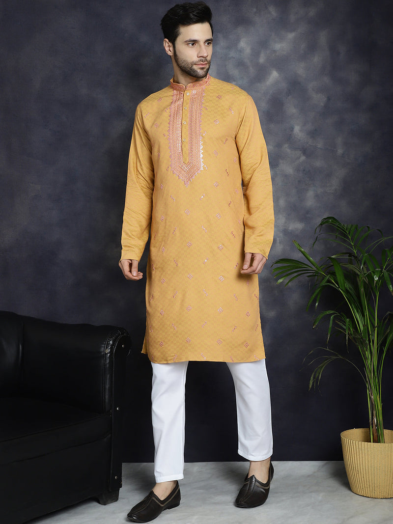 Men's Sequins Embroidered Kurta With Pyjama ( JOKP P 5047Orange )