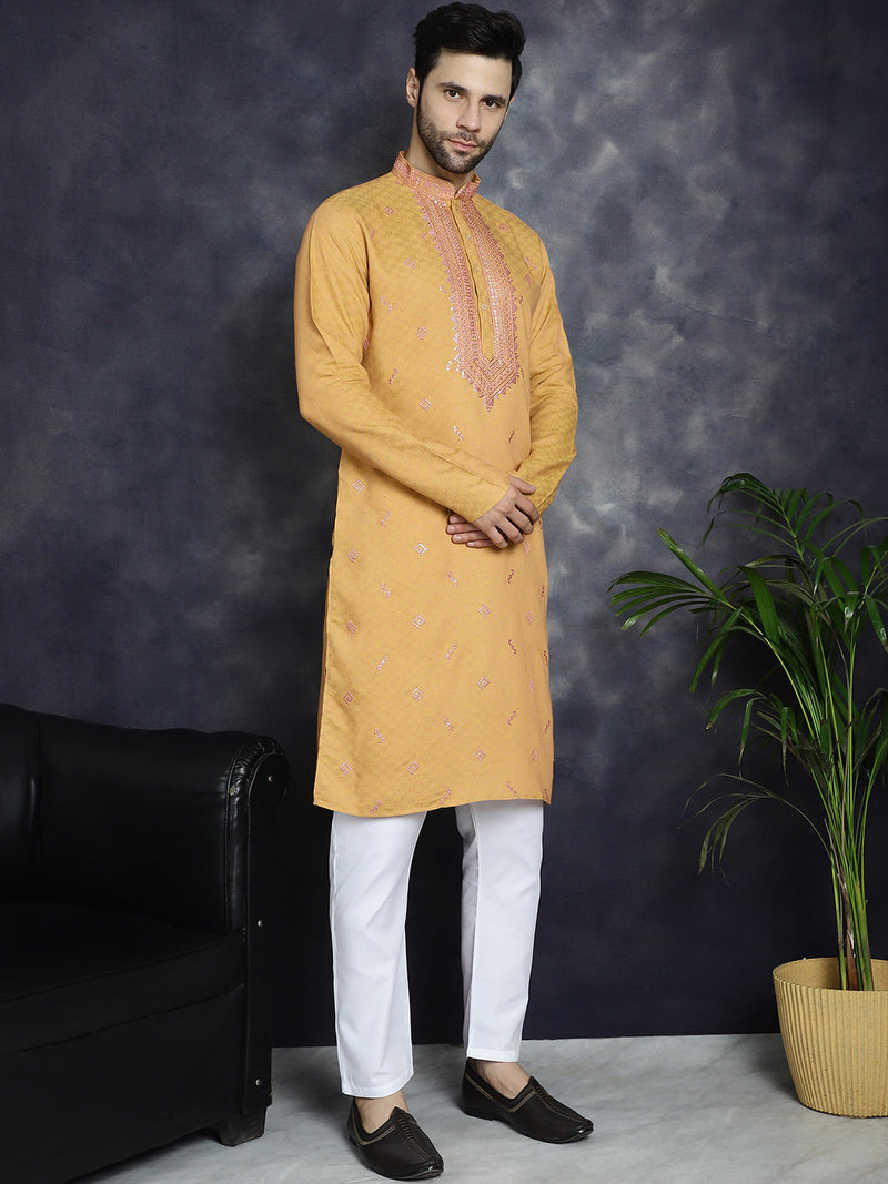 Men's Sequins Embroidered Kurta With Pyjama ( JOKP P 5047Orange )