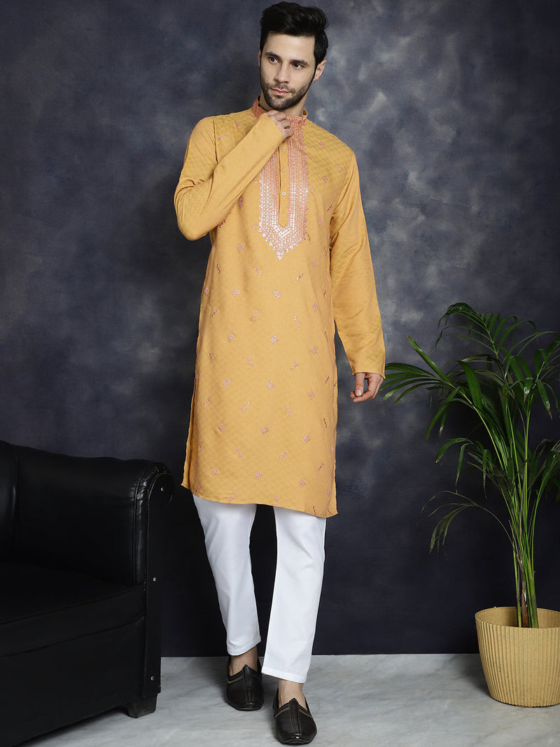 Men's Sequins Embroidered Kurta With Pyjama ( JOKP P 5047Orange )