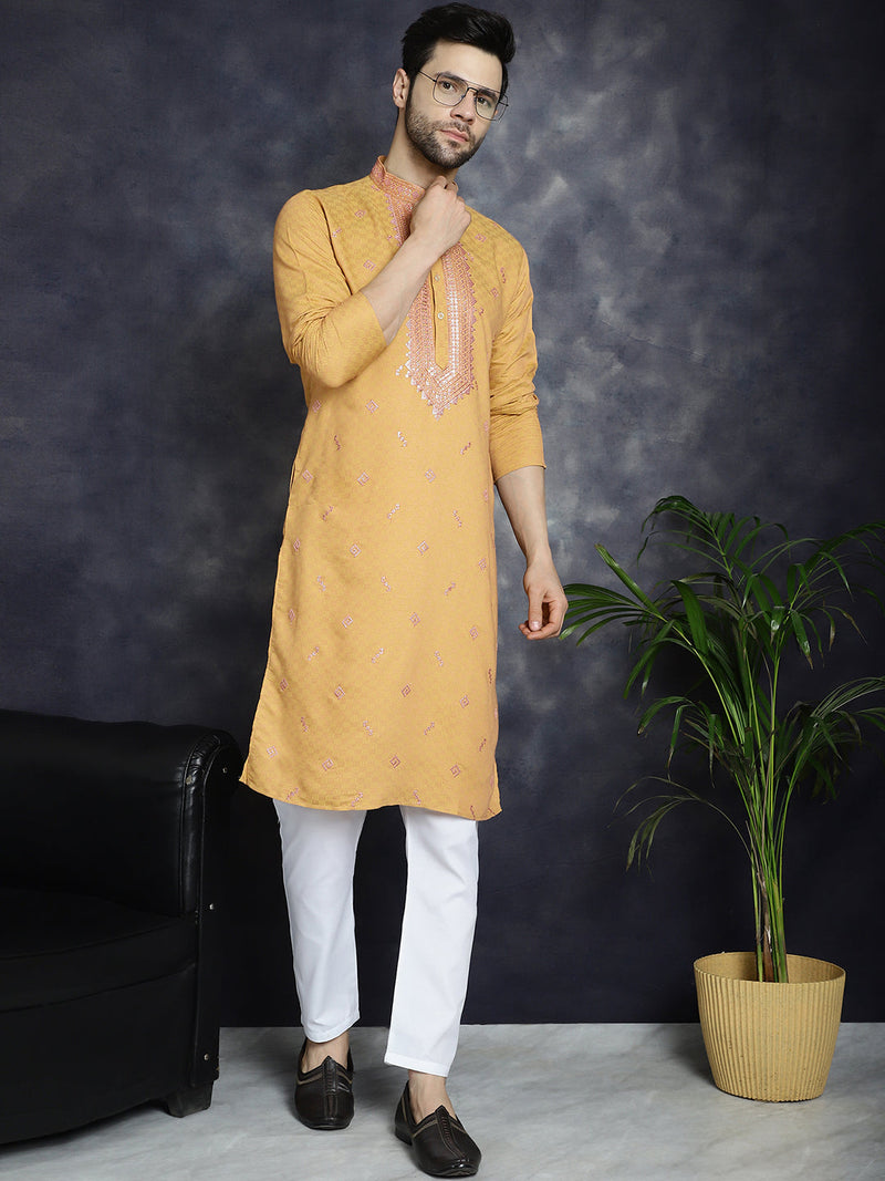 Men's Sequins Embroidered Kurta With Pyjama ( JOKP P 5047Orange )