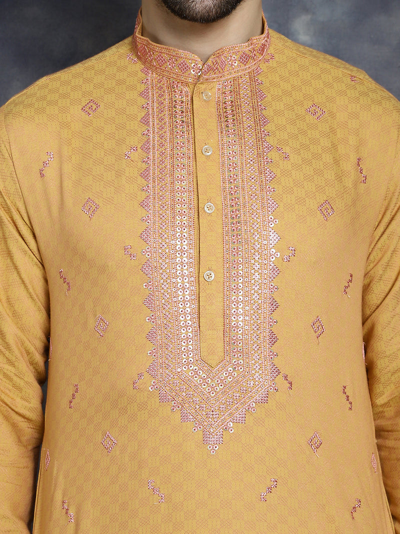 Men's Sequins Embroidered Kurta With Pyjama ( JOKP P 5047Orange )