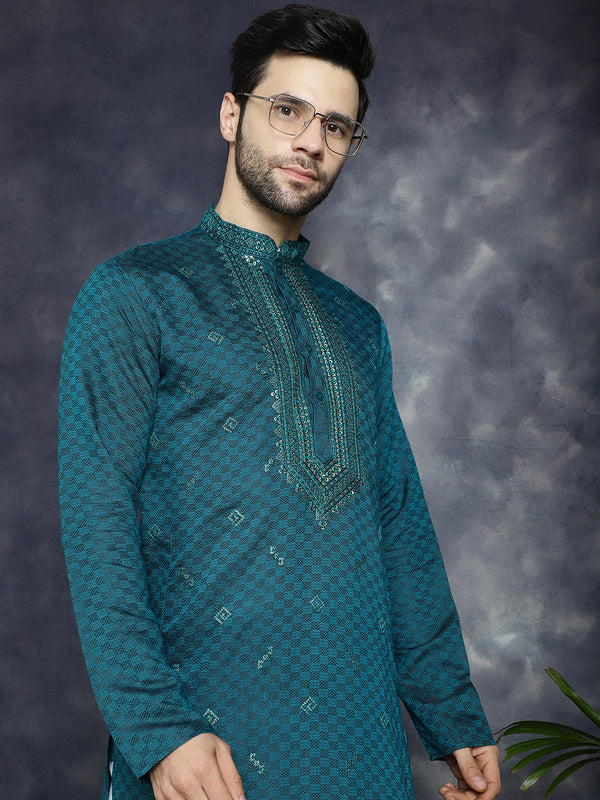 Men's Sequins Embroidered Kurta With Pyjama ( JOKP P 5047Teal )