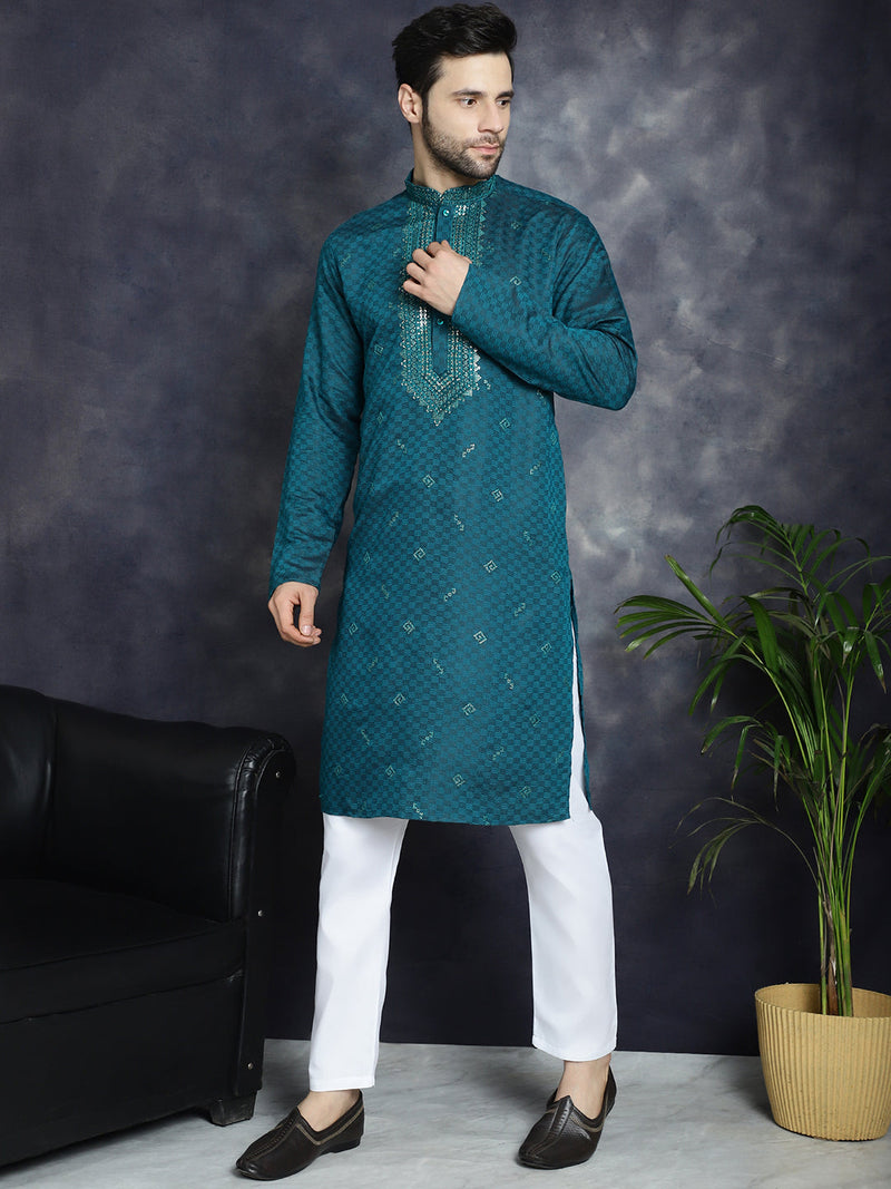 Men's Sequins Embroidered Kurta With Pyjama ( JOKP P 5047Teal )