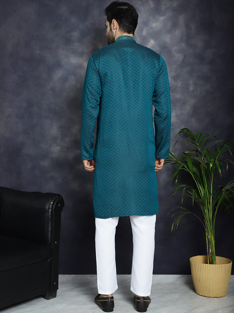 Men's Sequins Embroidered Kurta With Pyjama ( JOKP P 5047Teal )