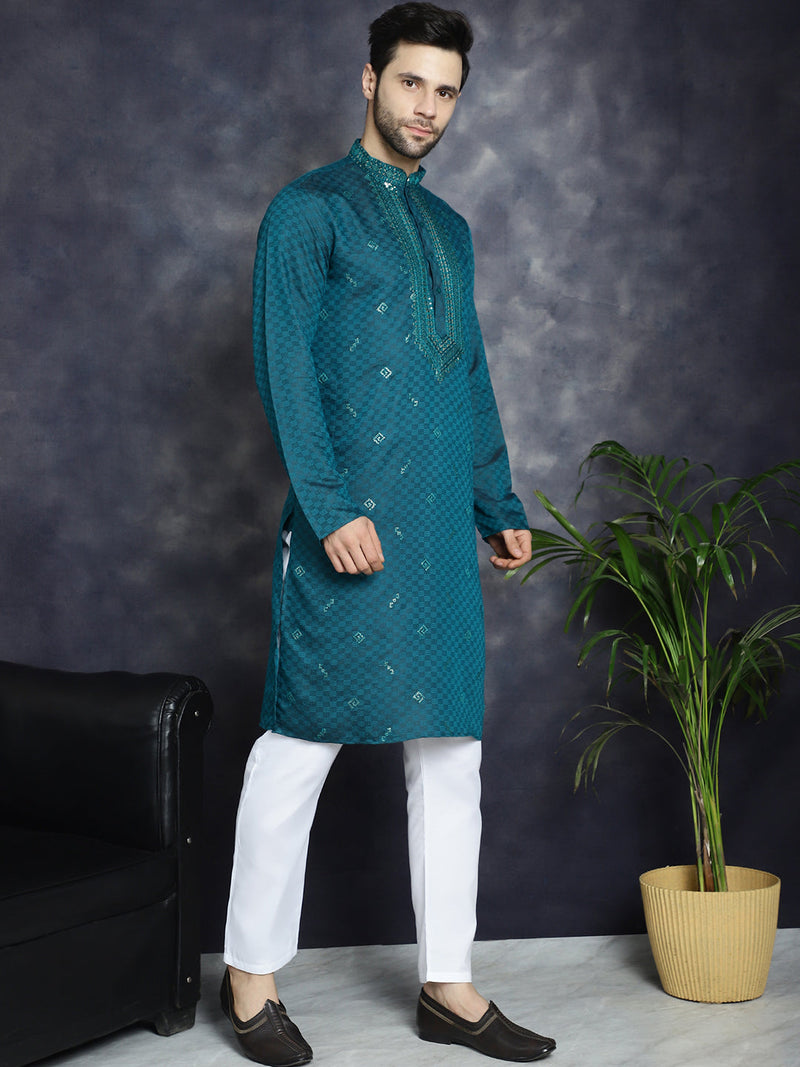 Men's Sequins Embroidered Kurta With Pyjama ( JOKP P 5047Teal )