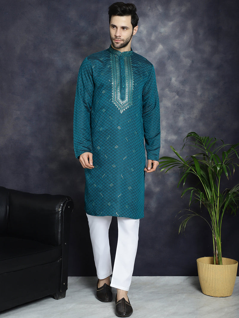 Men's Sequins Embroidered Kurta With Pyjama ( JOKP P 5047Teal )