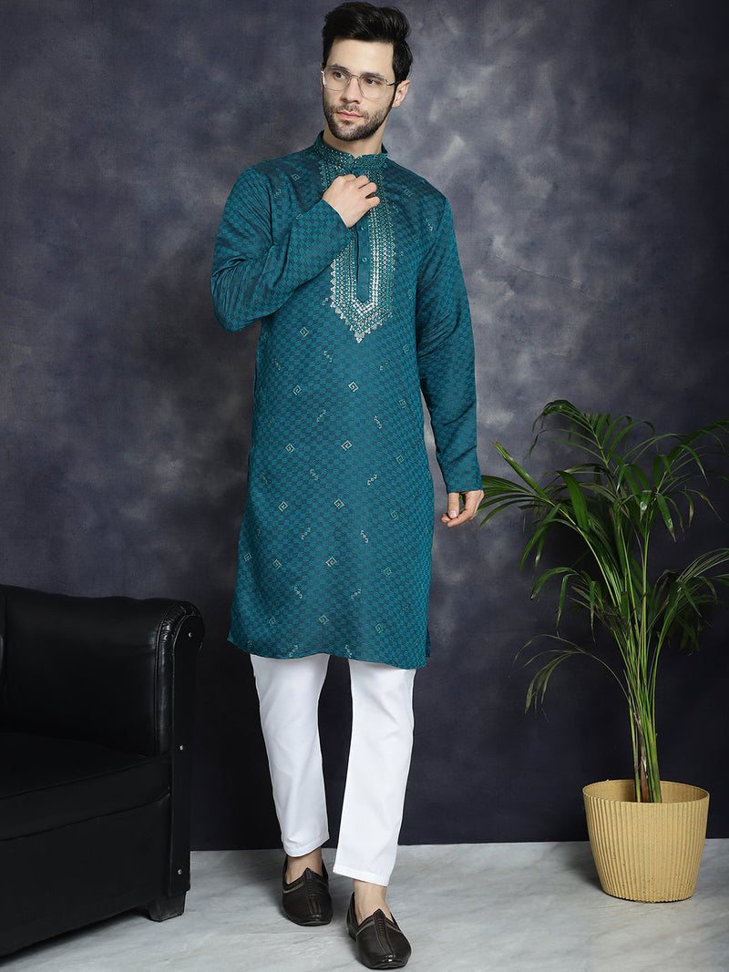 Men's Sequins Embroidered Kurta With Pyjama ( JOKP P 5047Teal )