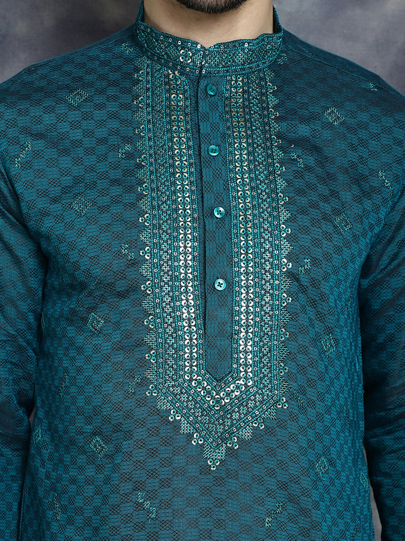 Men's Sequins Embroidered Kurta With Pyjama ( JOKP P 5047Teal )