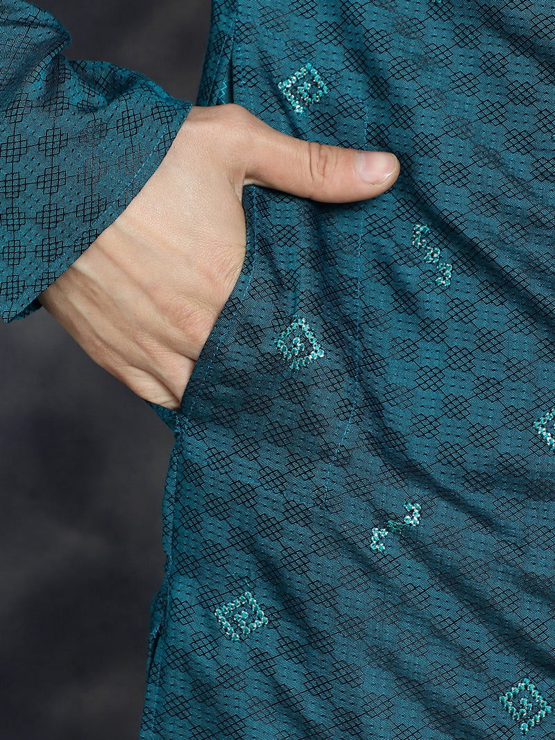 Men's Sequins Embroidered Kurta With Pyjama ( JOKP P 5047Teal )