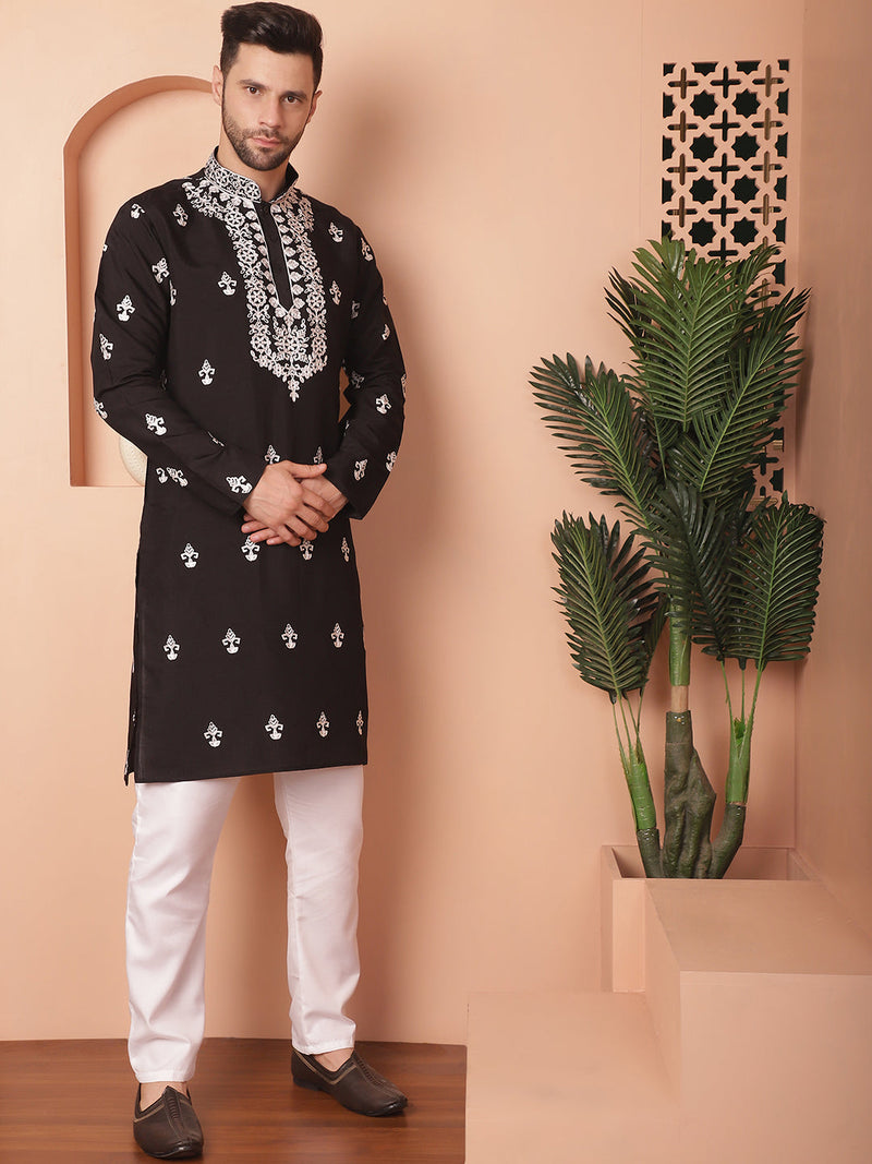 Men's Black Chikankari Embroidered Kurta With Pyjama