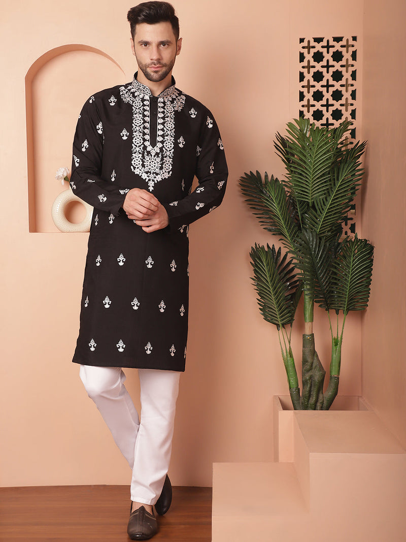 Men's Black Chikankari Embroidered Kurta With Pyjama