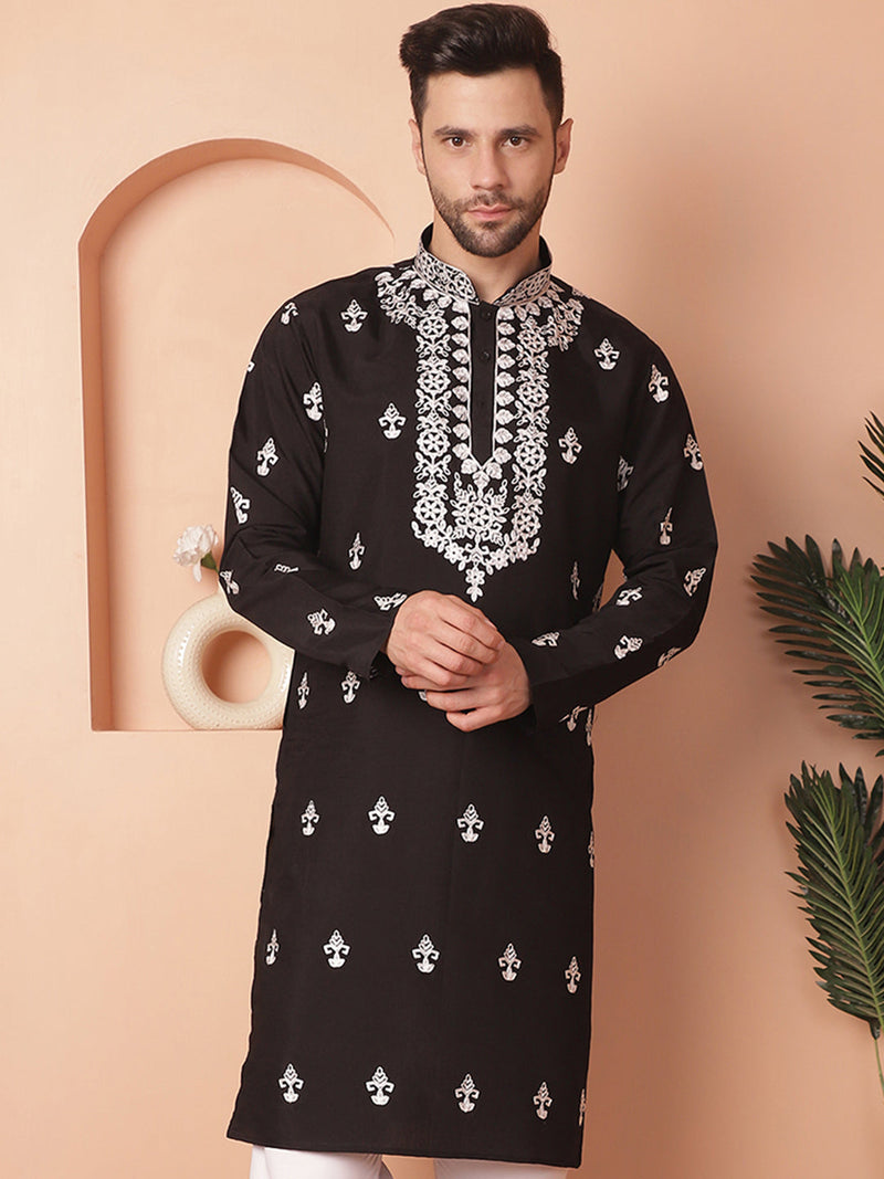 Men's Black Chikankari Embroidered Kurta With Pyjama