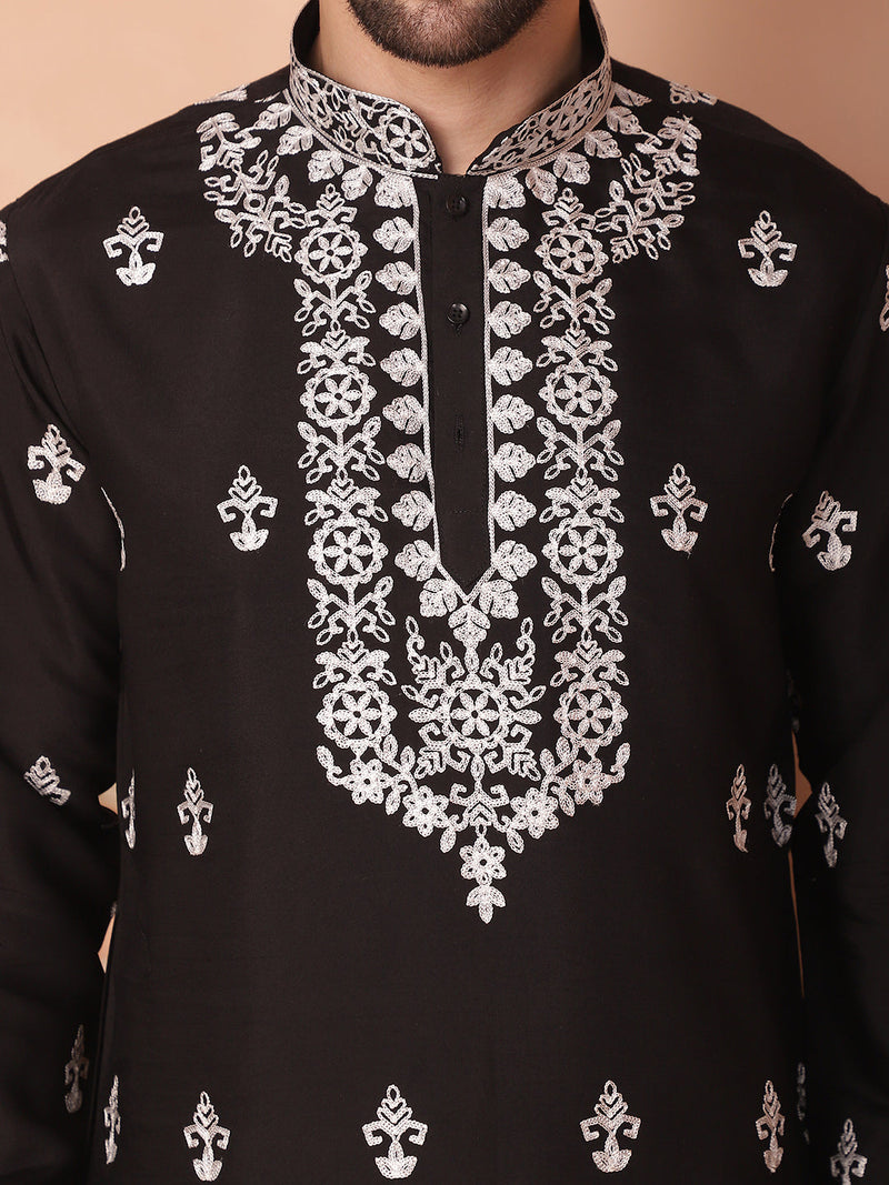 Men's Black Chikankari Embroidered Kurta With Pyjama