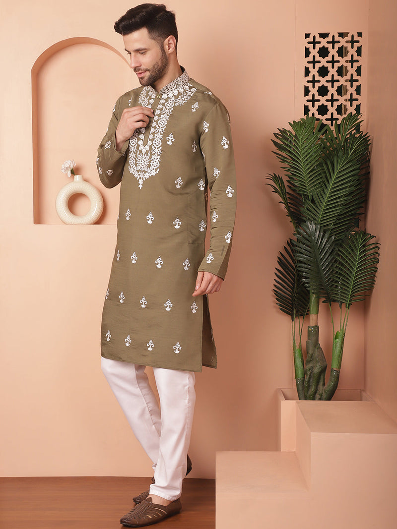 Men's Olive Chikankari Embroidered Kurta With Pyjama