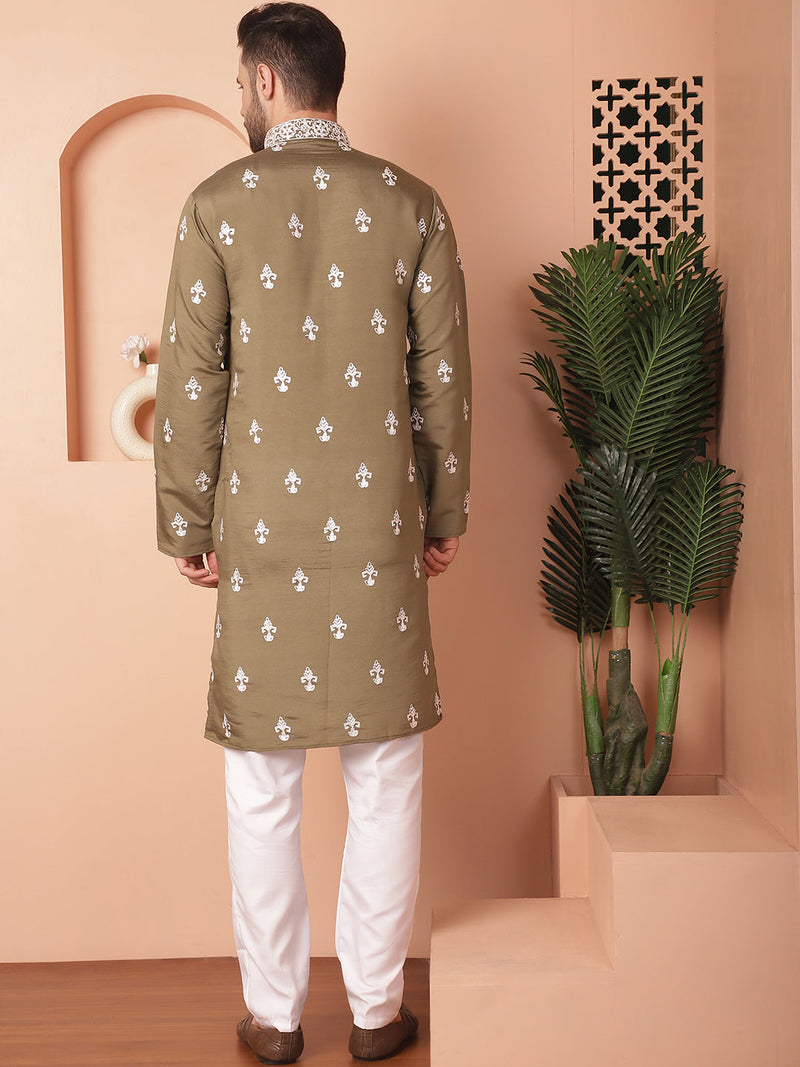 Men's Olive Chikankari Embroidered Kurta With Pyjama