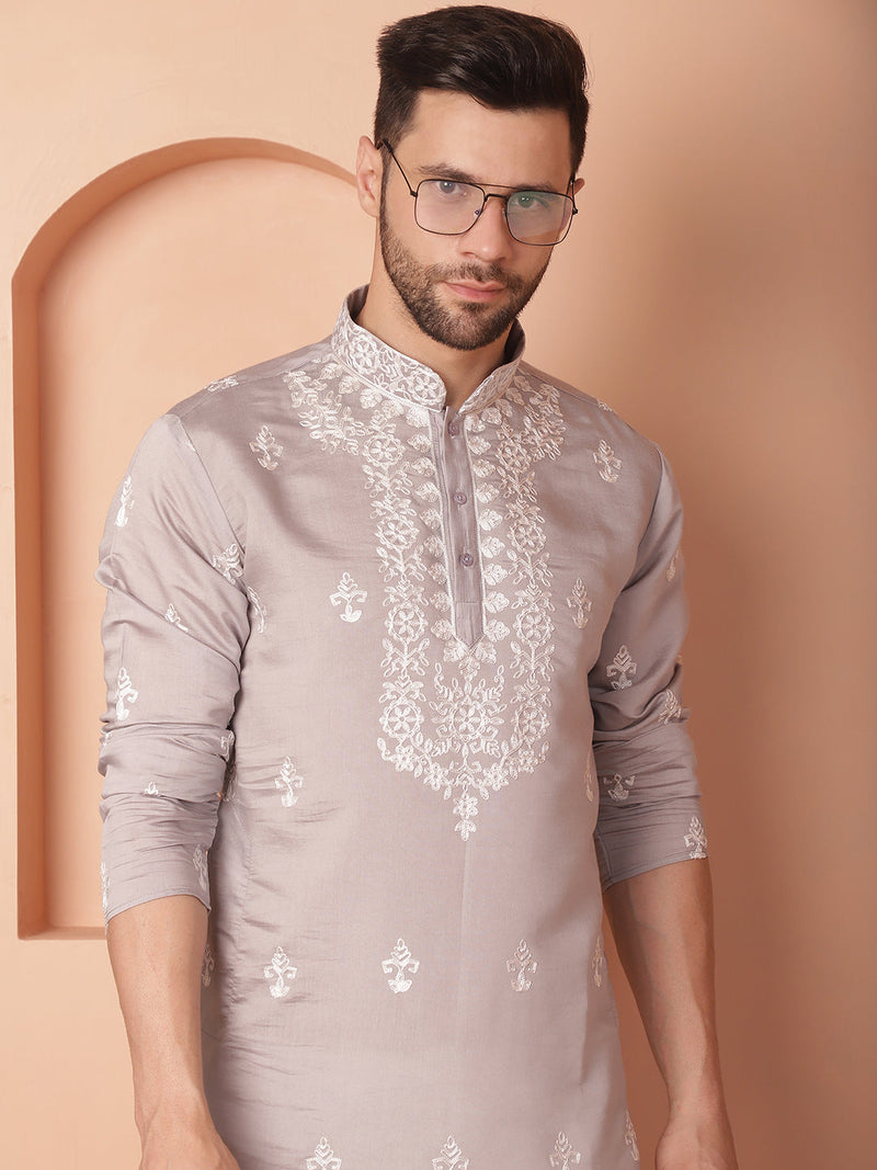 Men's Grey Chikankari Embroidered Kurta With Pyjama