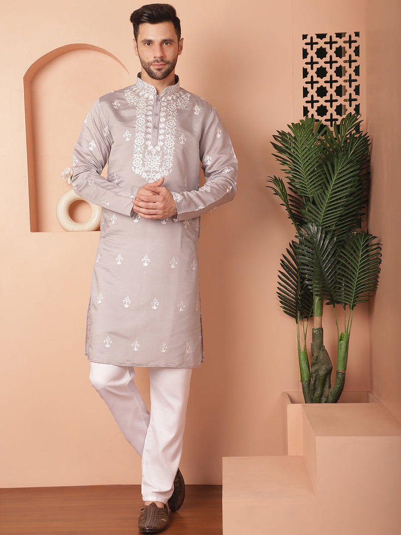 Men's Grey Chikankari Embroidered Kurta With Pyjama