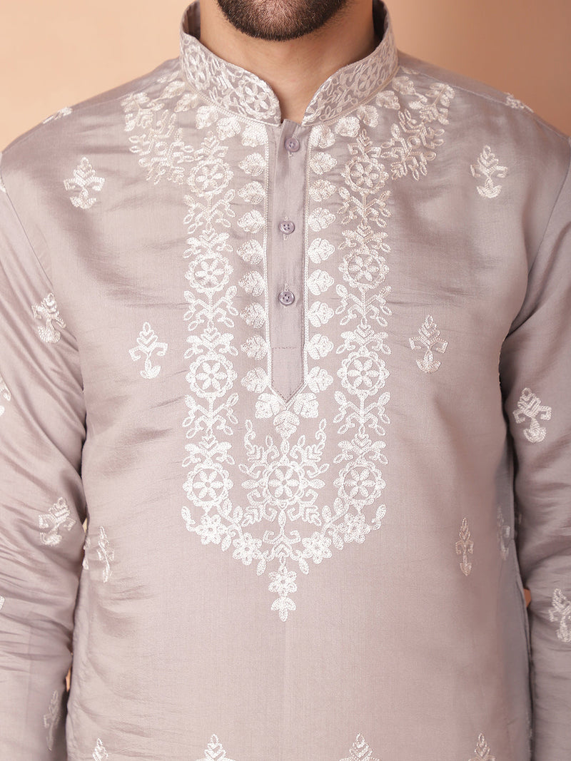 Men's Grey Chikankari Embroidered Kurta With Pyjama